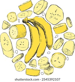Banana and slices Round Composition Design with Healthy Sweet Snack Vector graphic Template for logo
