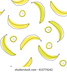 Banana and slices seamless pattern. Vector flat illustration