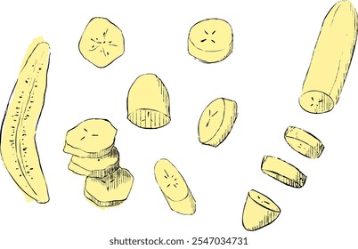 Banana slices set, graphic illustration. Fruit drawing, vector illustration.
