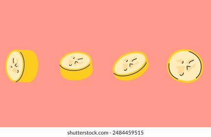 Banana slices set with yellow peel. Bananas chopped pieces different sizes and angles