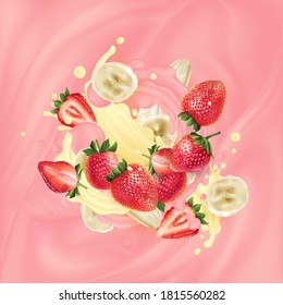 Banana slices and strawberries in pink and yellow yogurt.