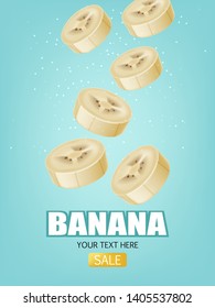 Banana slices summer background Vector realistic. Juicy fruit falling poster brochure template