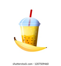 Banana smoothie in a cup. Superfoods and health or detox diet food concept in sketch style.
