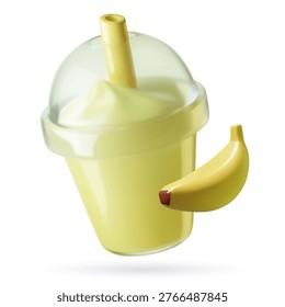 Banana smoothie cute 3d icon. Summer drink realistic vector illustration isolated on white background.