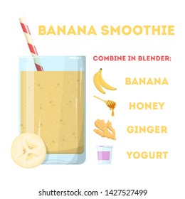 Banana smoothie, fresh healthy cocktail. Vegetarian organic drink in the glass. Natural beverage full of vitamin. Isolated vector illustration in cartoon style