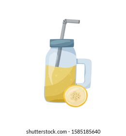 Banana smoothie in glass bottle. Mason jar with tube and cap on white background. Flat food vector illustration. Cartoon hand drawn detox fruit cocktail. Healthy trend isolated drink