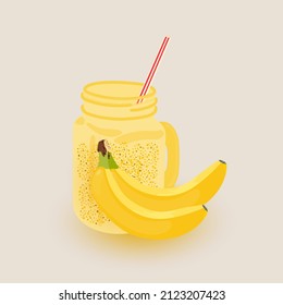 Banana smoothie glass jar on yellow background. Banana drink.Healthy organic vegan food. Natural organic nutrition. Fruit juice. Vector illustration. 