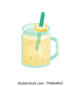 Banana smoothie in a glass jar with straw cartoon vector Illustration