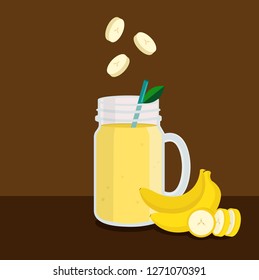 Banana smoothie in Jar cup, Isolated banana smoothie with sliced banana,drink for healthy lifestyle, Organic drink,flat design, Vector illustration