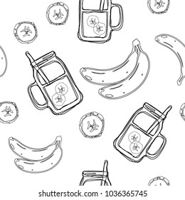 Banana smoothie jars outline vector seamless pattern.
