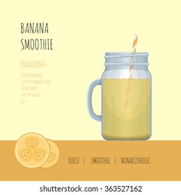 Banana smoothie mason jar with recipes and ingredients. Smoothie bar menu. Vector illustration.