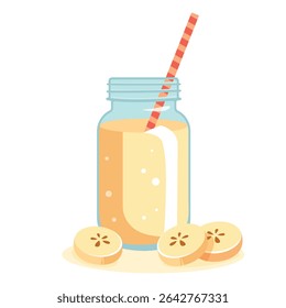 Banana smoothie in mason jar with straw and banana slices – bright tropical drink vector illustration for kids parties, summer decor, seasonal textile prints, holiday designs, and food or beverage pro