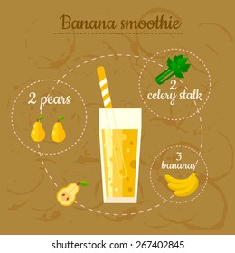 Banana smoothie recipe. Menu element for cafe or restaurant with energetic fresh drink. Fresh juice for healthy life.