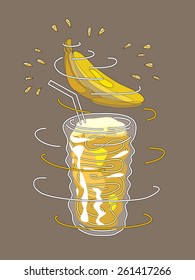 Banana smoothie vector concept. Design element for cafe or restaurant with energetic fresh drink. Fresh juice for healthy life. Organic raw shake. Hand drawn illustration. Rotating glass.