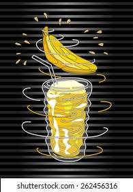 Banana smoothie vector concept. Design element for cafe or restaurant with energetic fresh drink. Fresh juice for healthy life. Organic raw shake. Hand drawn illustration. Rotating glass.