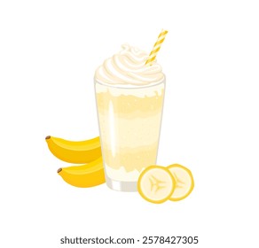 Banana smoothies glass isolated on white. Tropical fruit milkshake. Vector cartoon flat illustration