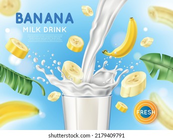 Banana splash poster. Realistic fruit milk advertising banner, yogurt jet, flying drops, white drink in glass cup, tropical green leaves, 3d elements, product presentation utter vector concept