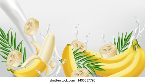 Banana splash Vector realistic. Yogurt or milk pourring liquid. Mock up for label design