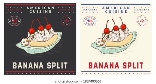 Banana Split American Ice Cream Dessert Vintage Illustration