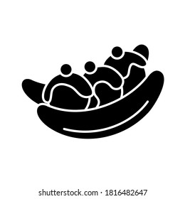 Banana split black glyph icon. Ice cream based dessert with banana and cherries. National American cuisine. World desserts. Silhouette symbol on white space. Vector isolated illustration