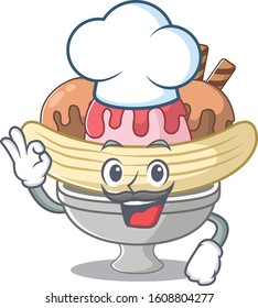 Banana split cartoon character wearing costume of chef and white hat