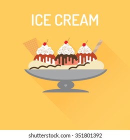 Banana split, cream, banana, chocolate, Ice cream flat icon with a shadow, Vector flat gelato icon. Vector illustration