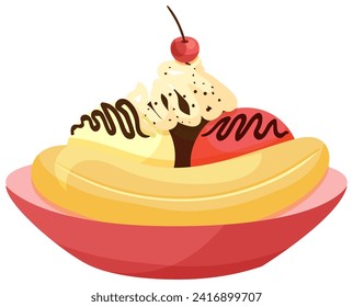 Banana split dessert in bowl with cherry on top. Cartoon ice cream with chocolate sauce. Delicious sweet treat vector illustration.