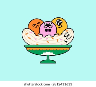 Banana split dessert with happy ice cream scoops in a decorative bowl for dessert, sweets, summer treats, kids, café, and menu designs vector cartoon illustration icon or sign, logo design