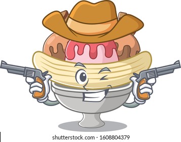 Banana split dressed as a Cowboy having guns
