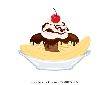 Vector de icono del sundae de la barca de helado dividida en banana. Sundae helado con banana, crema batida y cerezo sobre el vector superior. Icono de sundae de helados de chocolate y vainilla aislado en fondo blanco