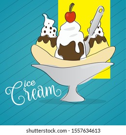 Banana split. Ice cream. Dessert menu - Vector illustration