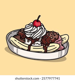 Banana split ice cream dessert isolated on beige