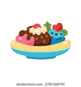 Banana split ice cream dessert in a bowl. Classic sweet treat with colorful scoops, chocolate topping, whipped cream, cherries and mint leaves. Delicious summer food icon. Flat vector illustration isolated on