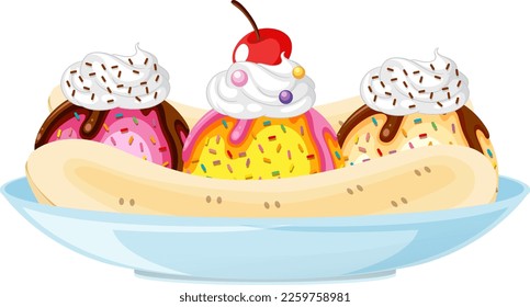 Banana split Ice cream sundae on white background illustration