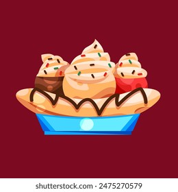 Banana split Ice cream sundae on white background illustration