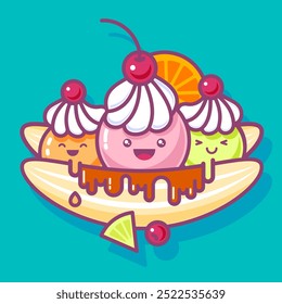 "Banana split" sorvete com banana, três diferentes colheres de molho de caramelo Ice Winh, creme e cerejas e laranja. Ilustração de Kawaii. 