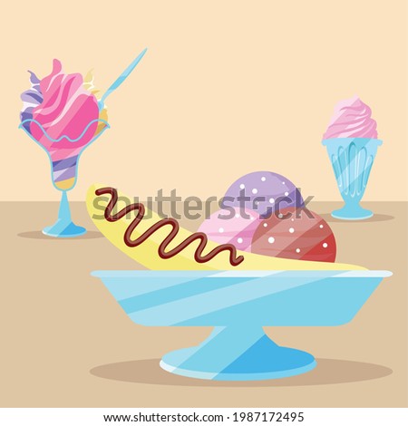 banana split ice creams with sauce