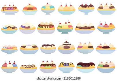 Banana split icons set cartoon vector. Calories cream. Dessert cafe