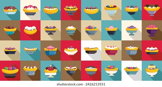 Banana split icons set flat vector. Cream calories dessert. Caramel bowl