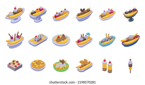 Banana split icons set isometric vector. Calories cream. American dessert