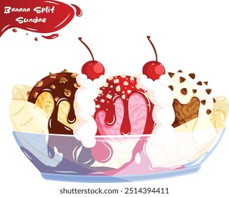 Banana Split Sundae with Chocolate, Strawberry and Mango Ice Cream Scoops Topped with Flavored Syrups, Whipped Cream, Nuts and Cherry in Glass Bowl 