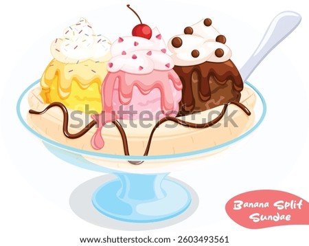 Banana Split Sundae in Footed Glass Bowl with Strawberry, Chocolate and Mango Ice Cream Scoops with Whipped Cream, Sprinkles, Chocolate Candies and Cherry Toppings. Frozen Dessert Cartoon Illustration
