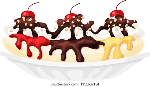 Banana split sundae topped with whipped cream, chocolate, strawberry, and pineapple sauce, chopped nuts, and cherries. Sweet ice cream sundae in a dish. Isolated vector illustration.