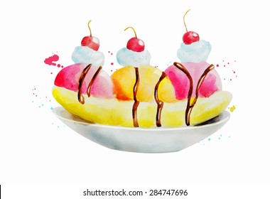 Banana split watercolor. Illustration for cooking site, menus, books. Hand drawn. Vector illustration. Can be used for menu, banner, cards, invitations etc. 
