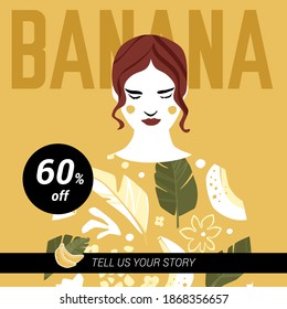 Banana square banner template with young girl in banana sweatshirt looking down. Trendy fashion design in mustard colors. Season sale or beauty  product discount vector concept.