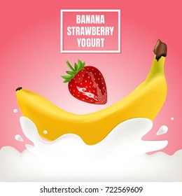 Banana and srawberry with yogurt splash. 3d realistic vector design. Pink background.