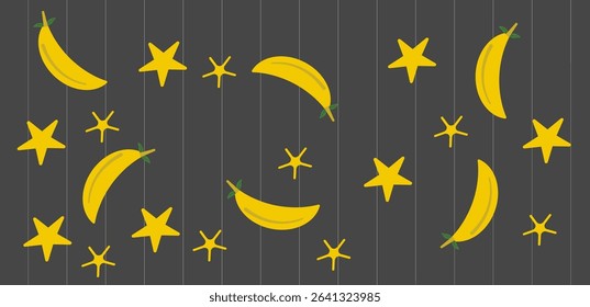Banana with star background. Yellow fruit background with star