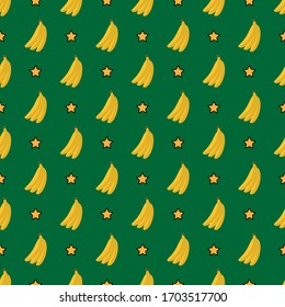 Banana Star Seamless Pattern with green background.