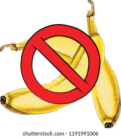 Banana. Stop Vegan. Hand-drawn Banana. Vector Illustration. White Isolated. 