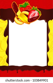 Banana and strawberries on chocolate background, vector illustration